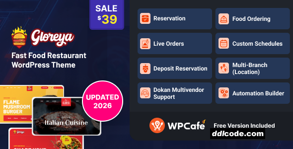 Gloreya - Food Ordering & Delivery Restaurant WordPress Theme