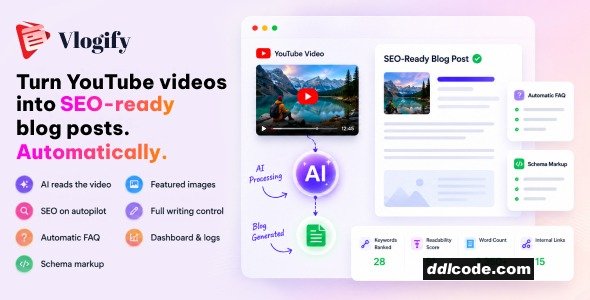 Vlogify - AI YouTube to Blog Post Generator for WordPress